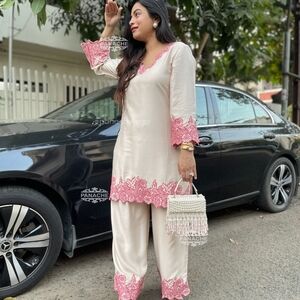 Elegant Cream and Pink Women's Pants & Jumpsuit Set